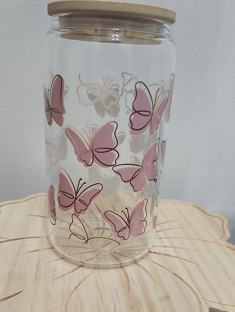 Glass 16oz Tumbler with Pink Butterfly Design
